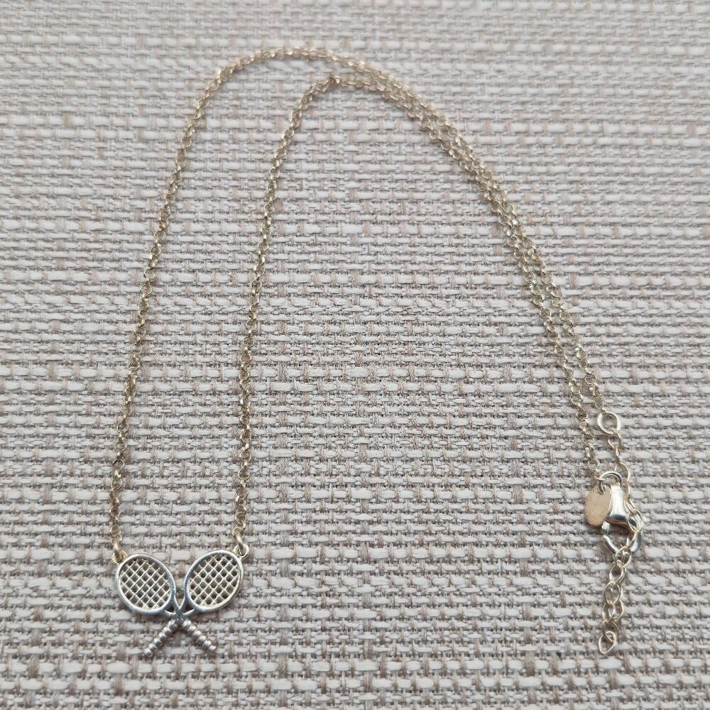18 Inch Sterling Silver Double Tennis Racket Pendant Rustic Necklace A5944 - Picture 1 of 6